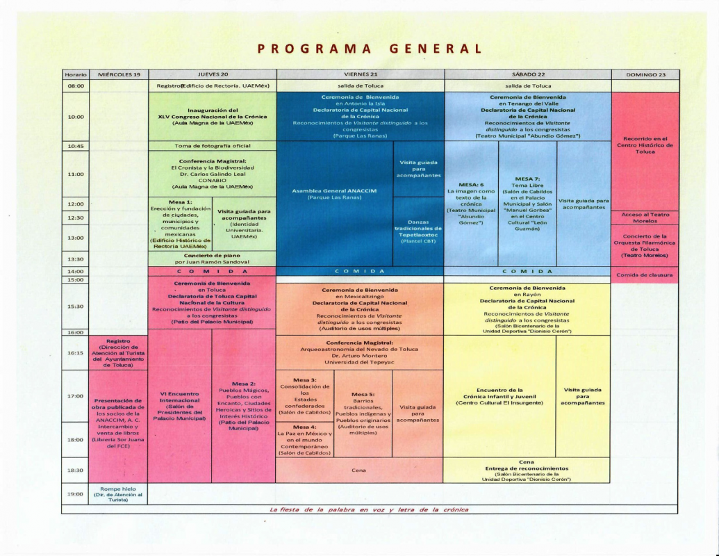 Programa de las actividades culturales para los cinco días 